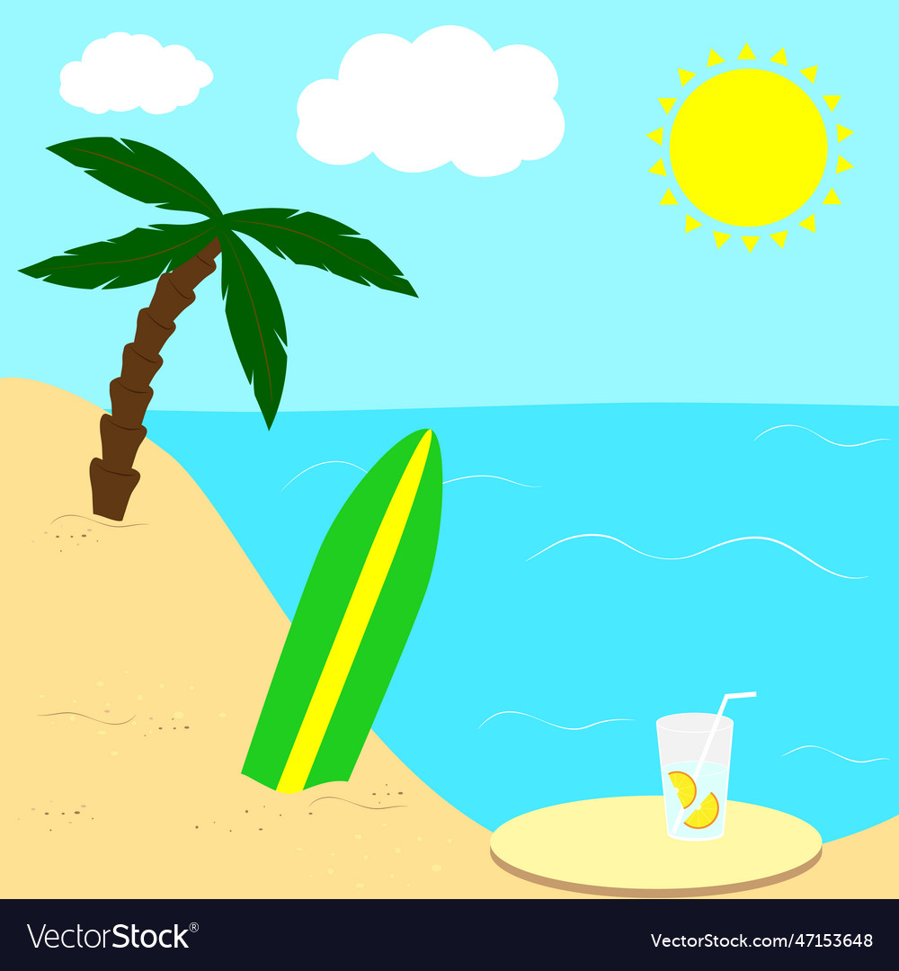 Beach with palm tree surfboard Royalty Free Vector Image