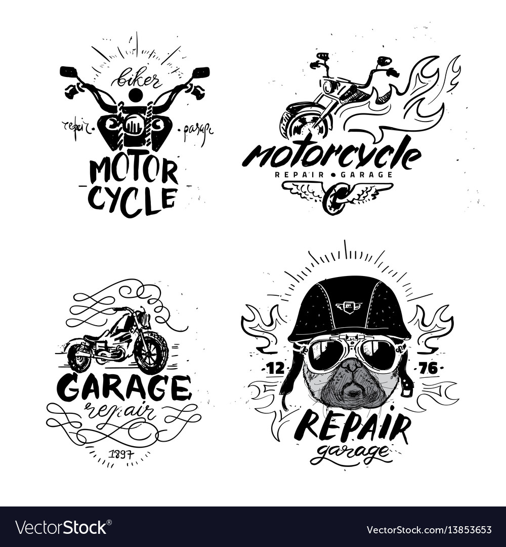 Biker pug dog set vintage motorcycle emblems Vector Image