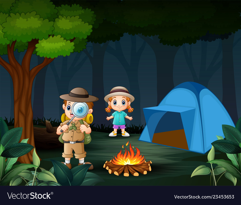 Boy explorer with magnifying glass with a girl in Vector Image