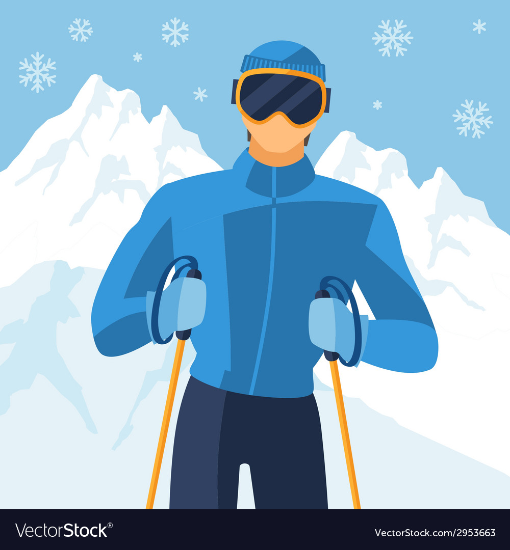 Man skier on mountain winter landscape background