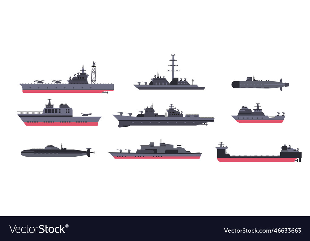 Military ships and submarines cartoon Royalty Free Vector