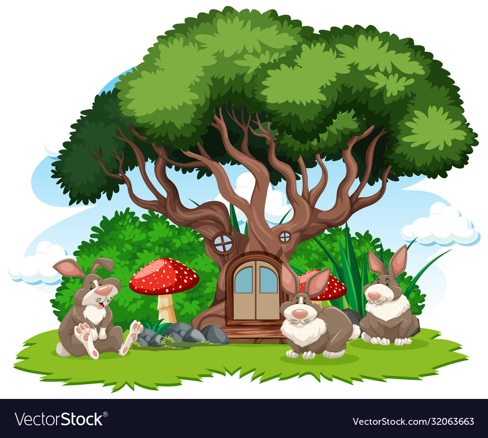 Tree house with three rabbit cartoon style