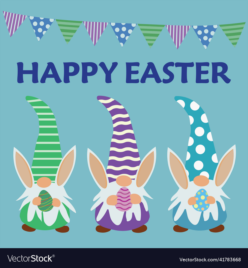 Three easter gnomes holding eggs Royalty Free Vector Image