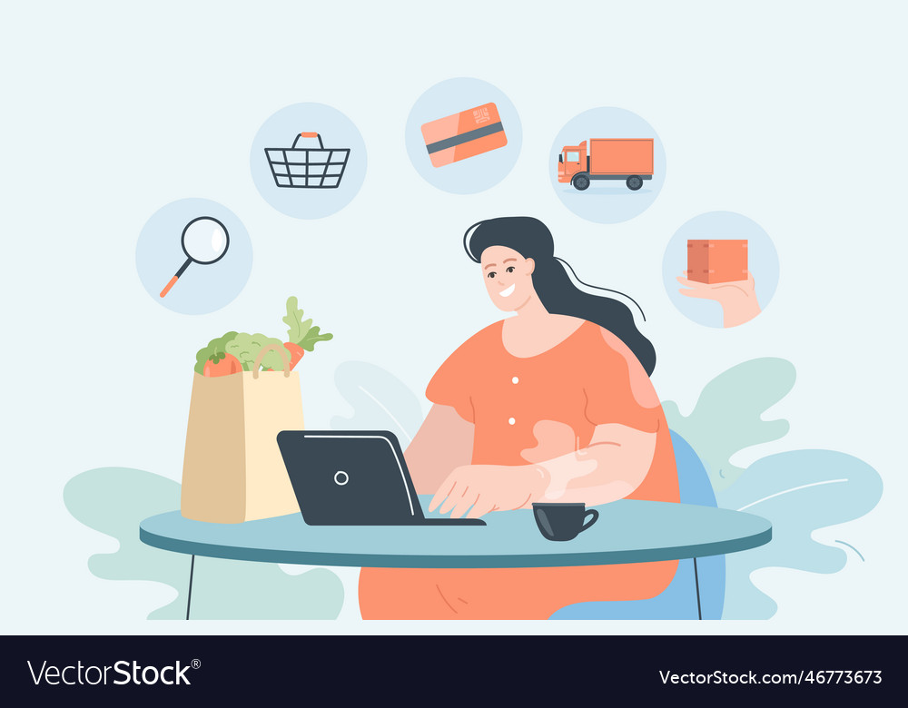 Cartoon girl ordering food or ingredients online Vector Image