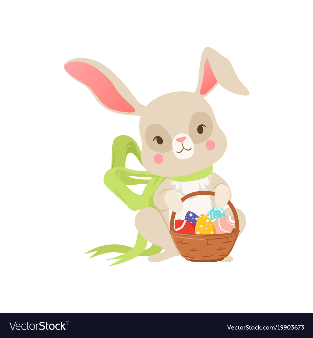 Cute cartoon bunny in green bow holding basket