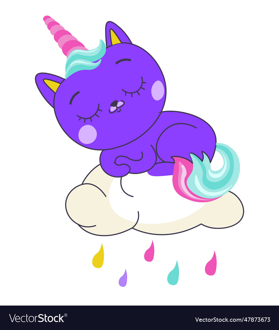 Unicorn kitty sleeping on cloud with raindrops Vector Image