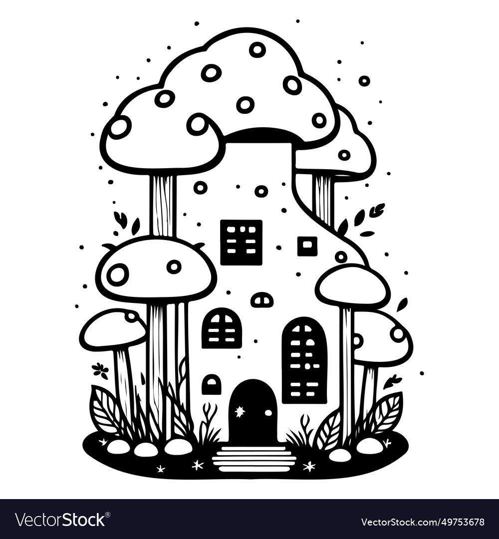 Doodle house mushroom sketch hand draw black Vector Image