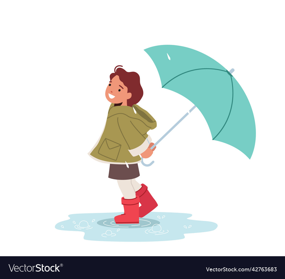 Happy little girl with umbrella walk on street