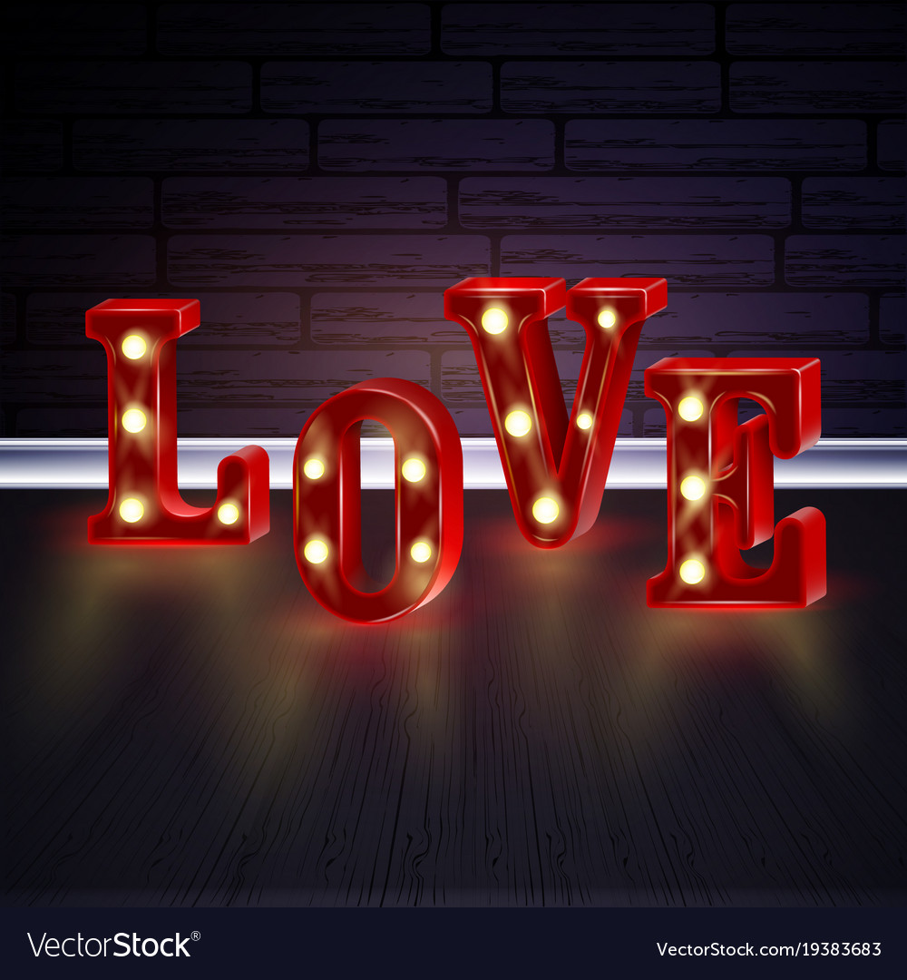 Neon 3d word love with lights Royalty Free Vector Image