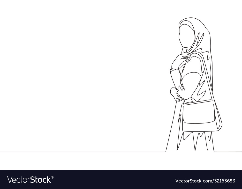 One single line drawing young happy muslimah Vector Image