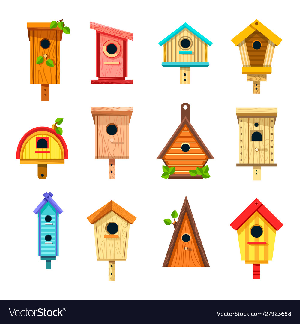 Birdhouses isolated icons nesting boxes or tree Vector Image