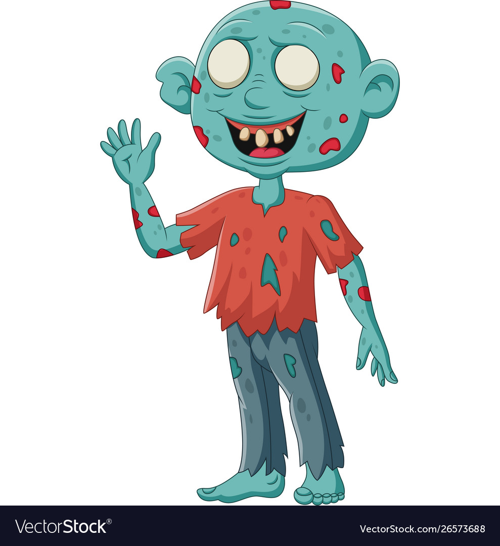 Cartoon zombie stand waving on white background