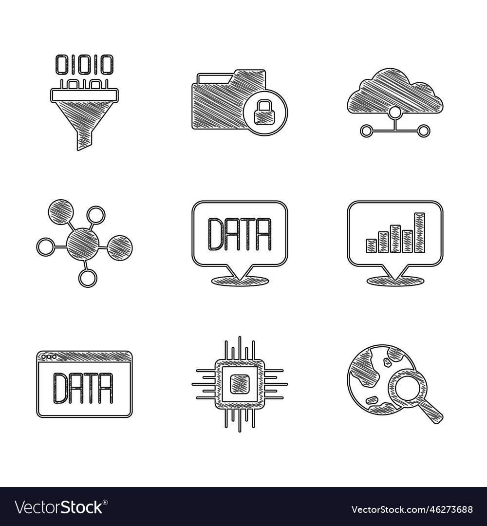 Set data analysis processor cpu search globe Vector Image