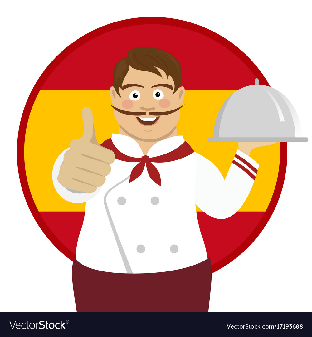 Spanischer Koch mit Tablett über Spain Flagge