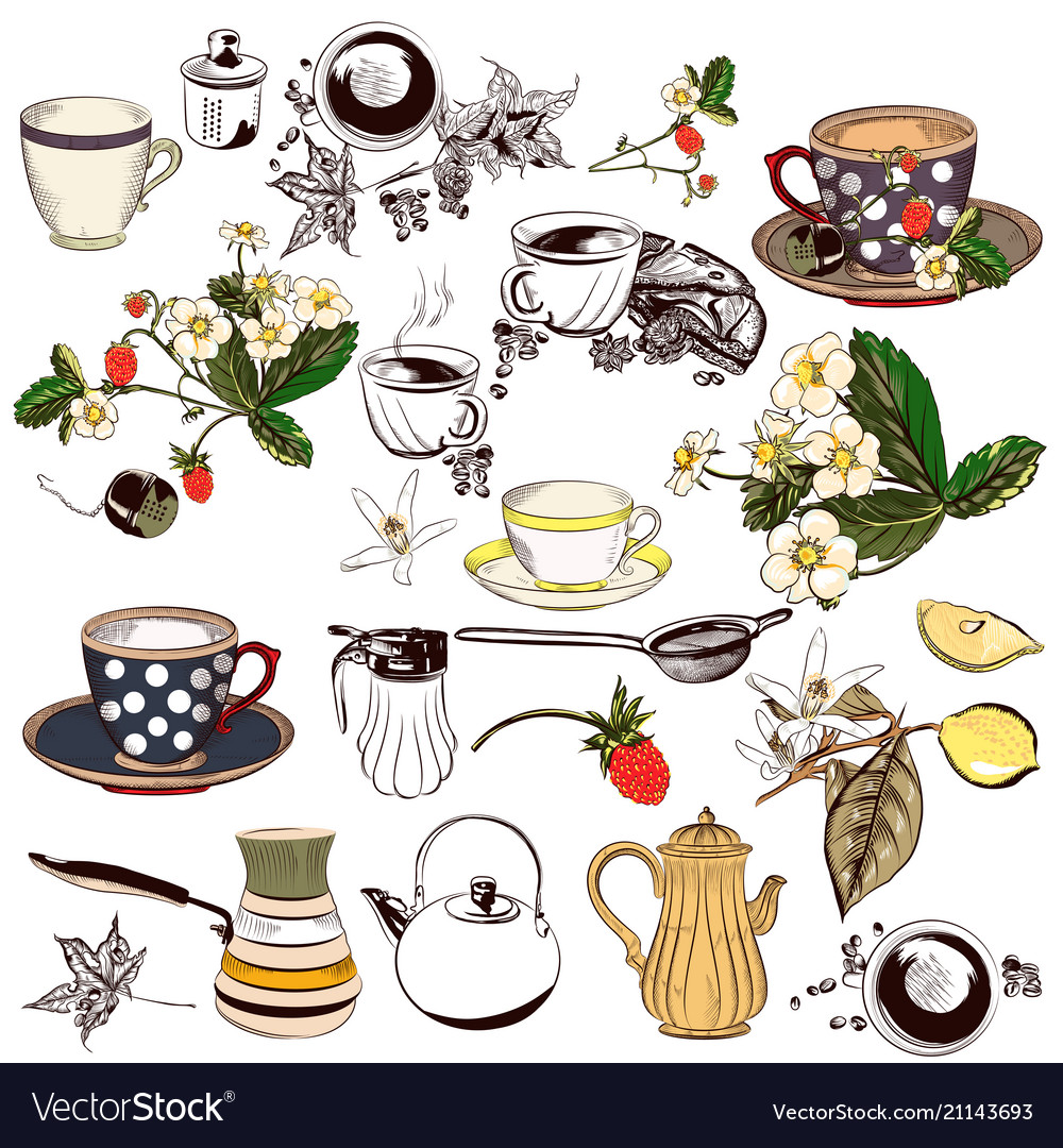 Set hand drawn elements cups teapots and other Vector Image