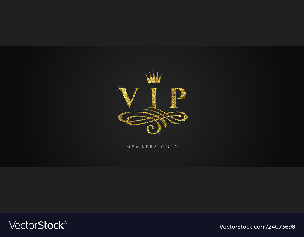Vip - glitter gold logo with crown and flourishes vector image Vip - glitter gold logo with crown and flourishes
