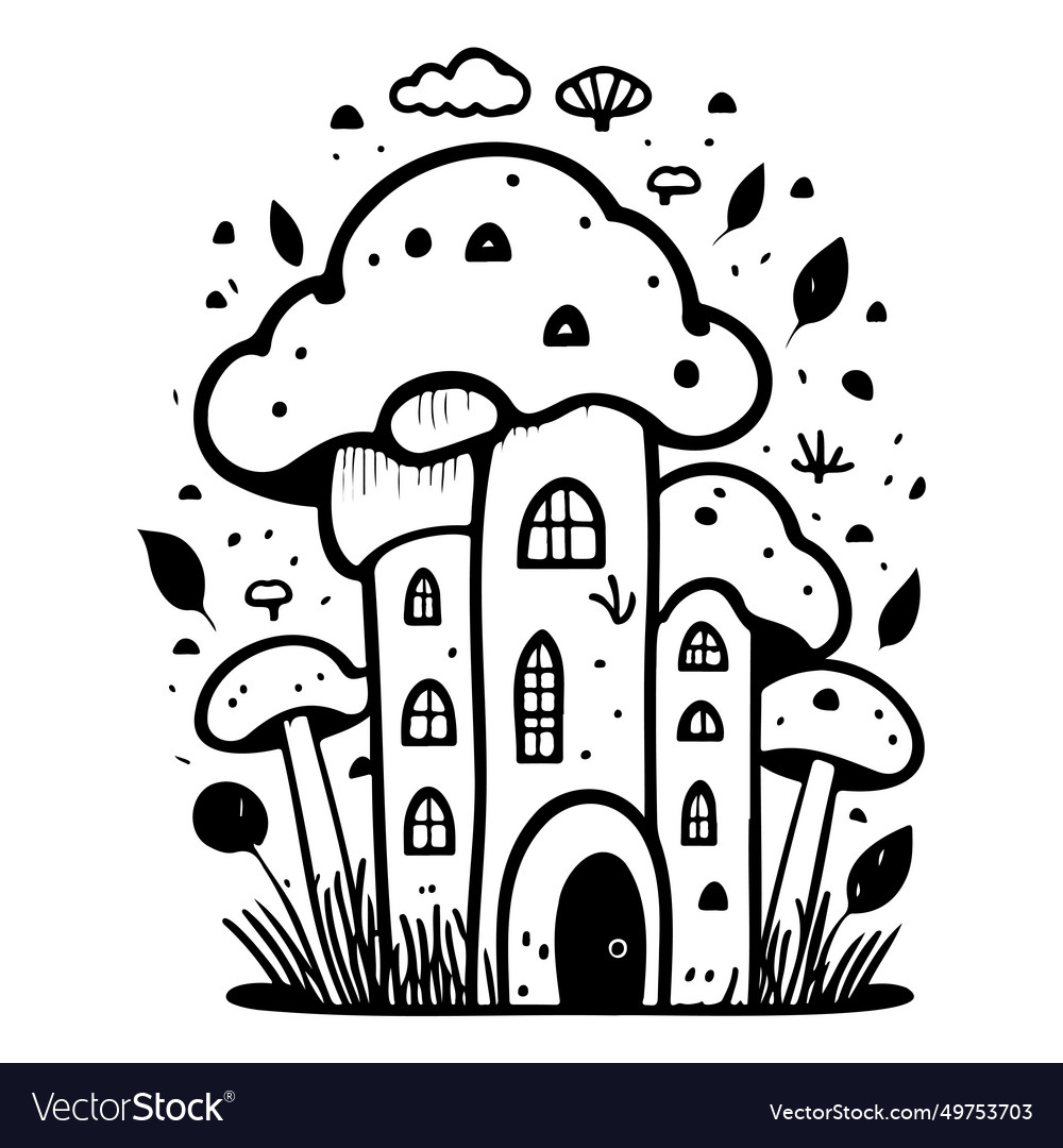 Doodle house mushroom sketch hand draw black Vector Image