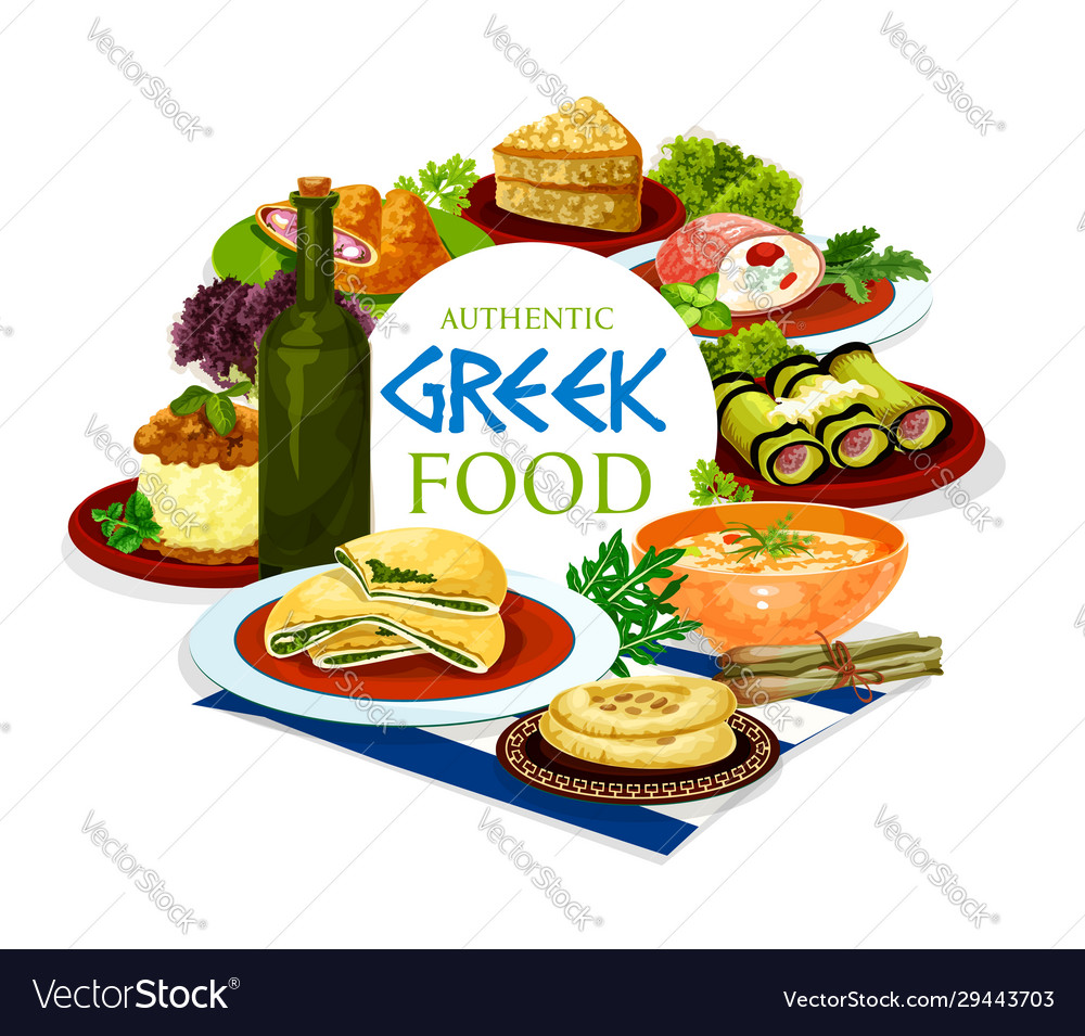 Greek meat and vegetable dishes with dessert Vector Image