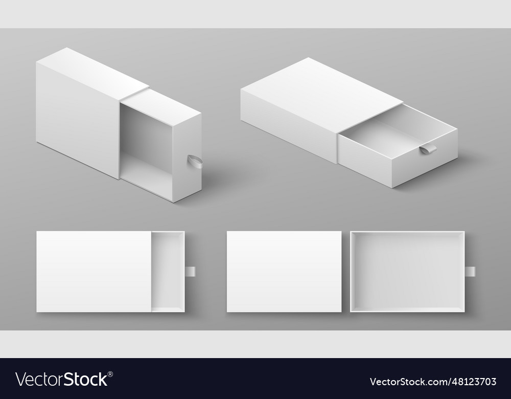 Realistic Slide Box Mockup Set With Ribbon To Pull