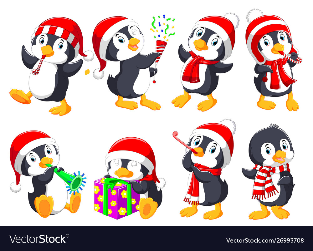 Cute christmas penguins collection Royalty Free Vector Image