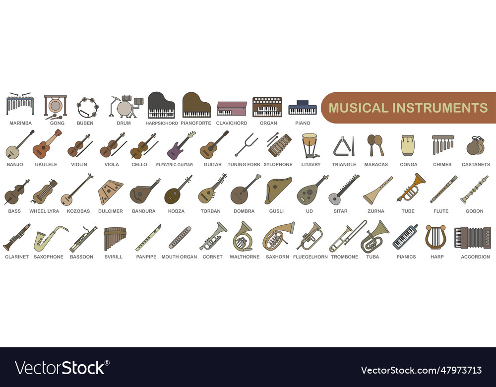 A simple set of colored musical instruments with Vector Image