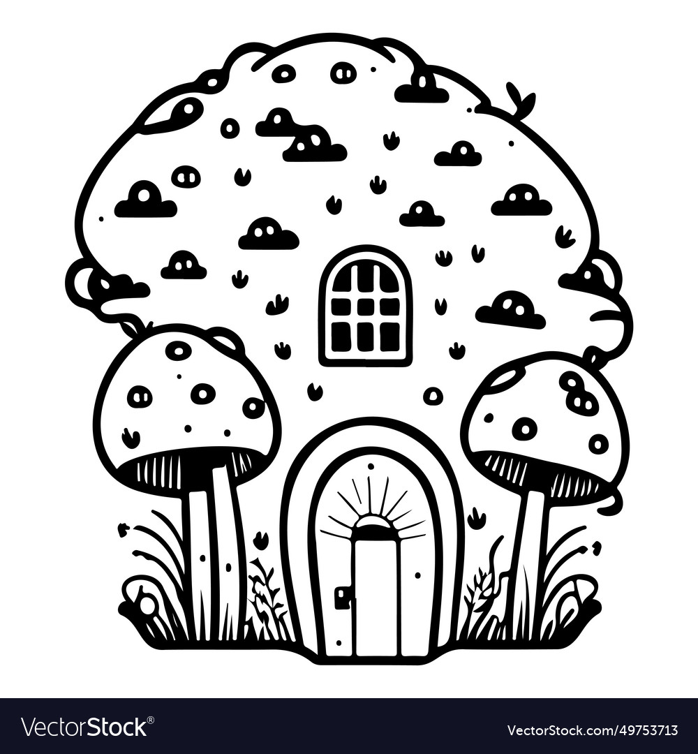 Doodle house mushroom sketch hand draw black Vector Image