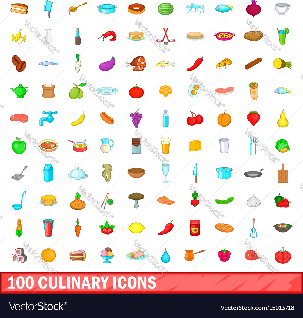 100 culinary icons set cartoon style Royalty Free Vector