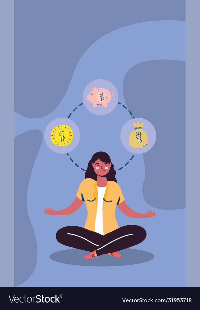 Businesswoman in lotus position with economy icons