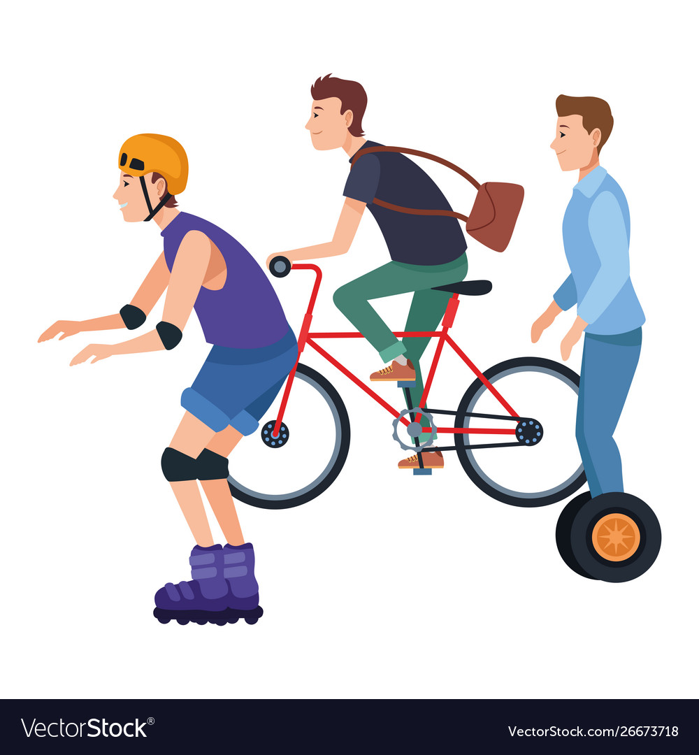 People riding with bikes scooter and skates Vector Image