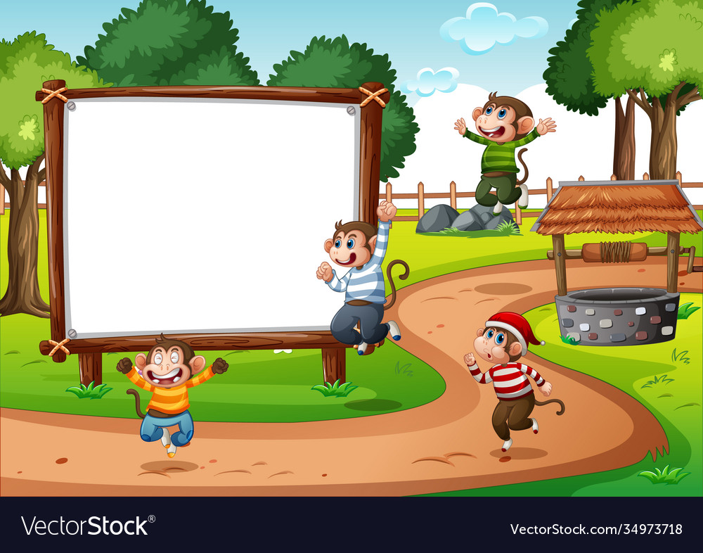 Wooden blank banner in park scene with four Vector Image