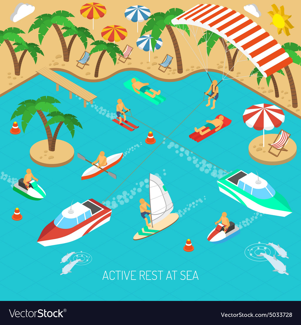 Activity rest. Векторные картинки отдых на море. Лодка в море на фоне пляж вектор.