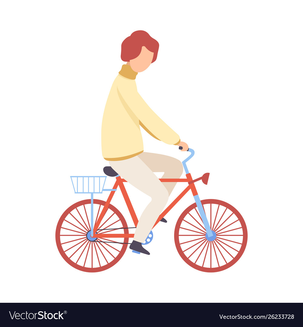 Young man in casual clothes riding bicycle