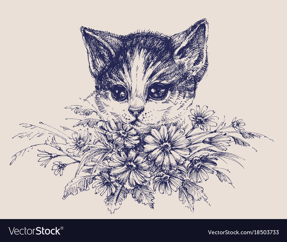 Cute cat portrait with a bunch of flowers