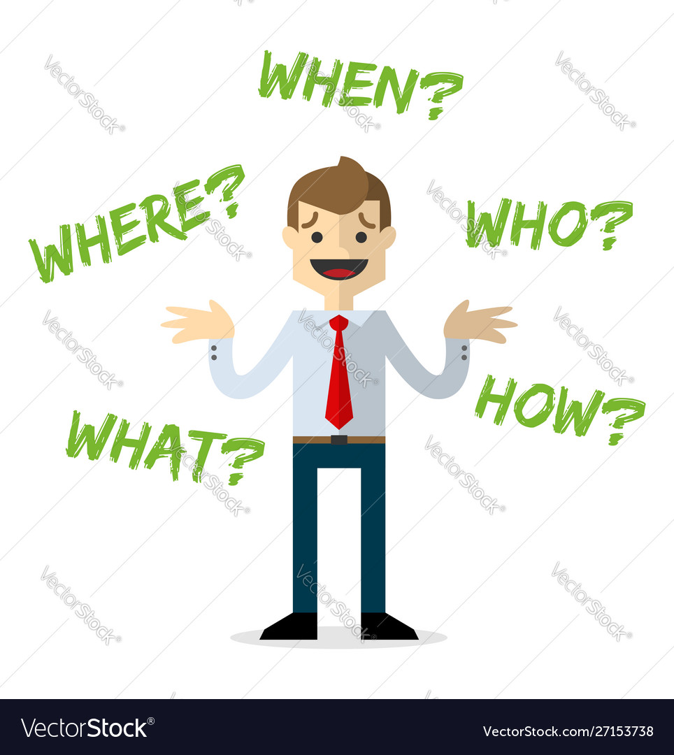 A businessman with questions who where when what Vector Image