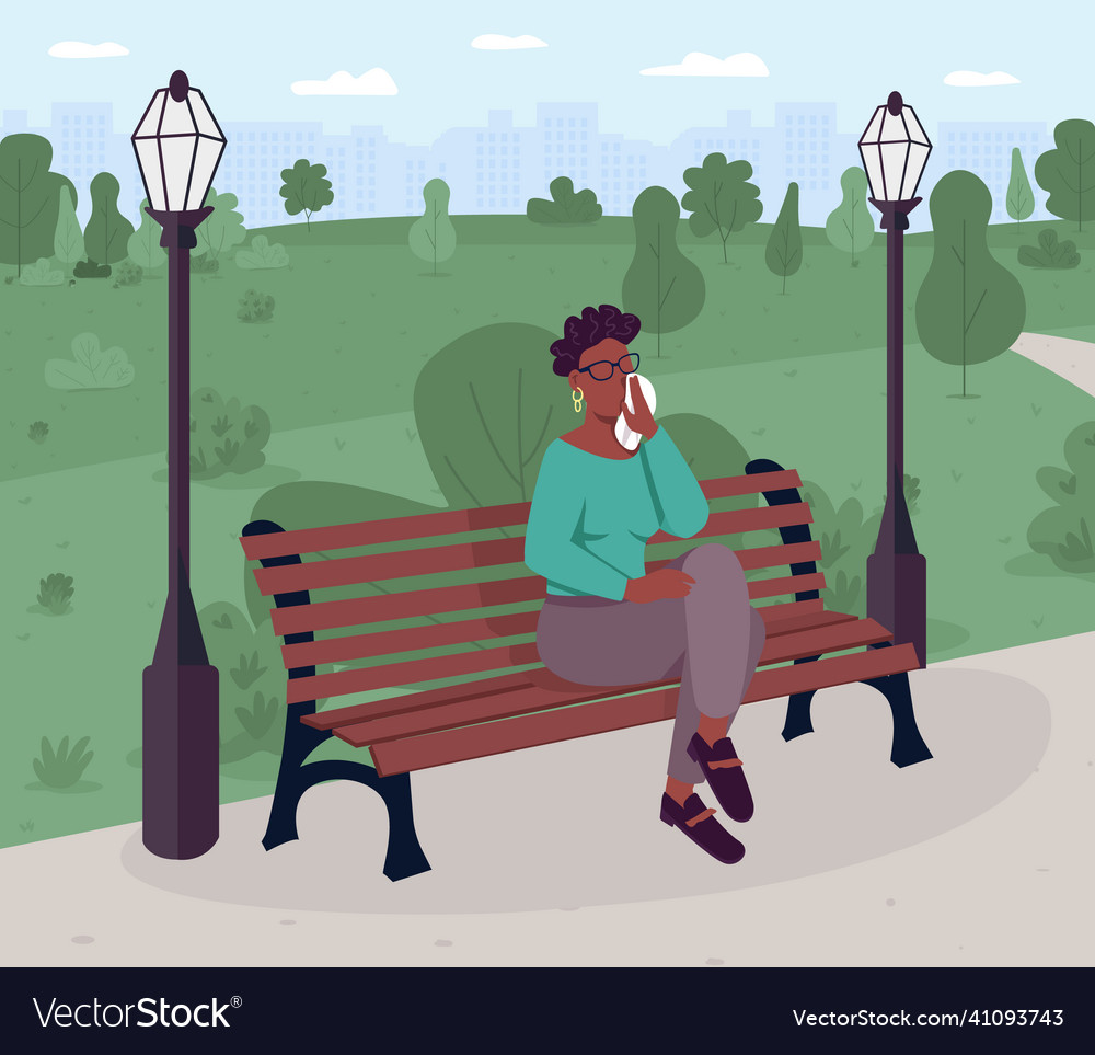 Upset woman sitting on bench in park flat color