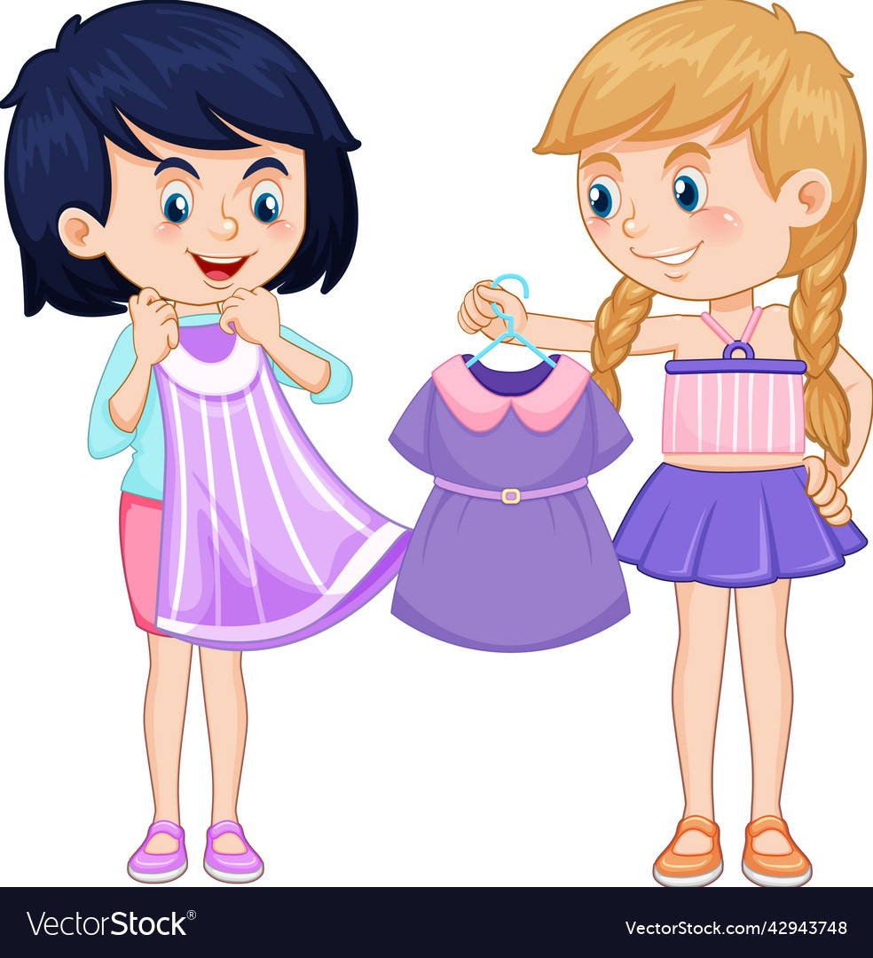 Girls trying on new clothes Royalty Free Vector Image