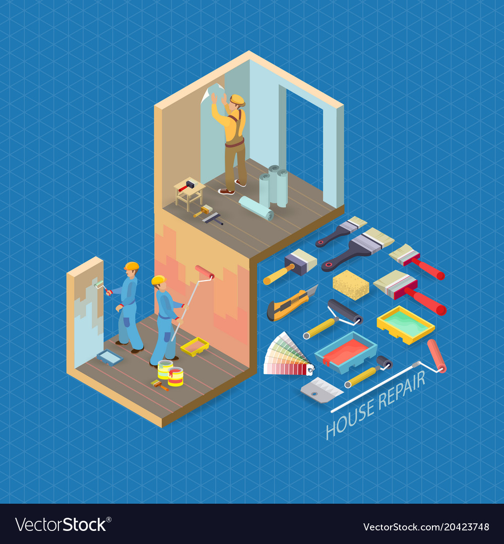 Isometric interior repairs concept flat 3d Vector Image