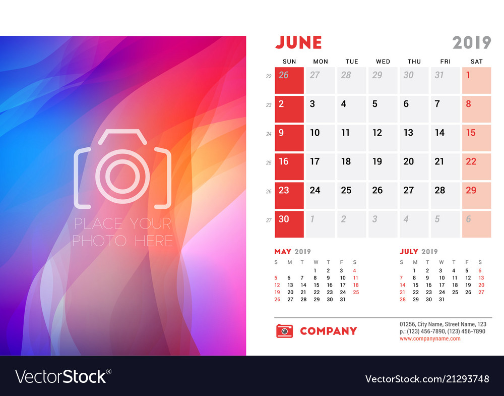 June 2019 Desk Calendar Design Template With Vector Image