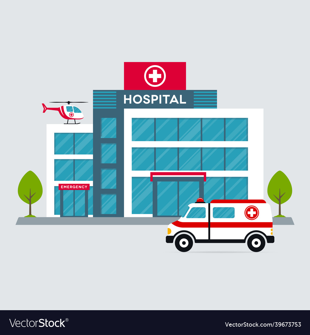 Hospital building with ambulance car