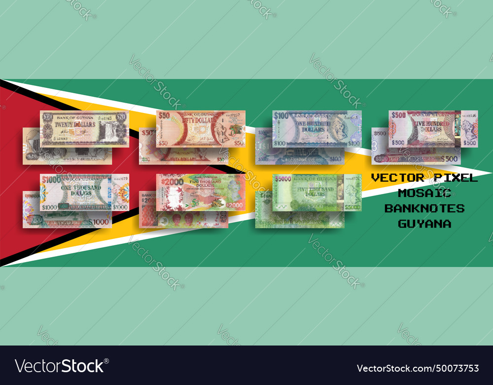 Set of pixel mosaic banknotes guyana