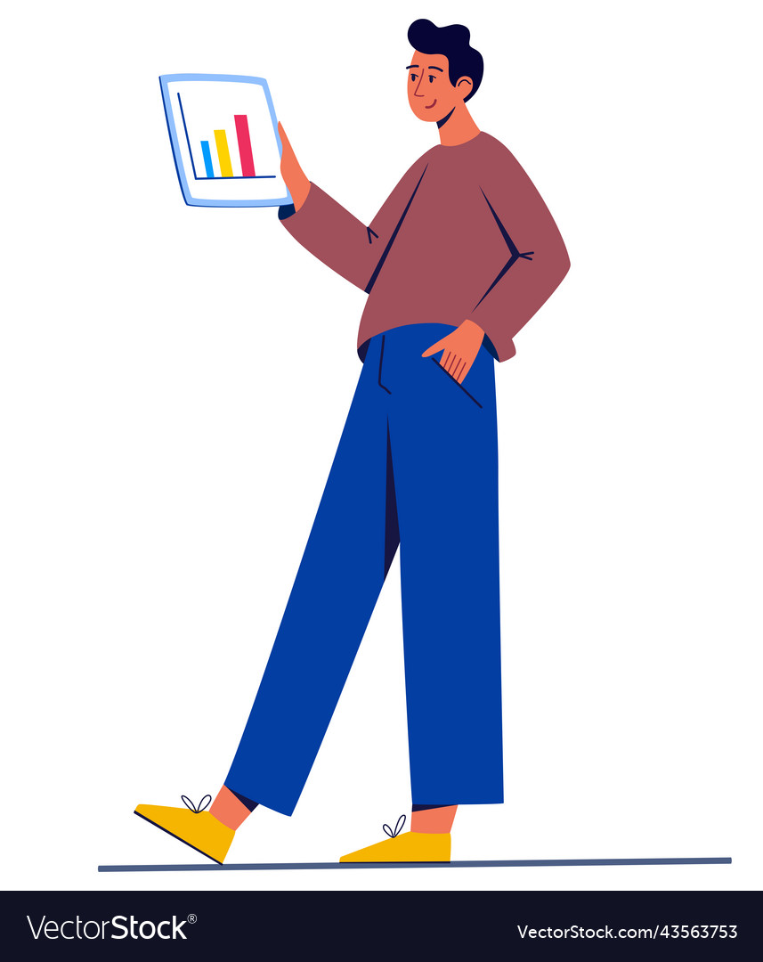 Young man is holding a computer in his hands Vector Image