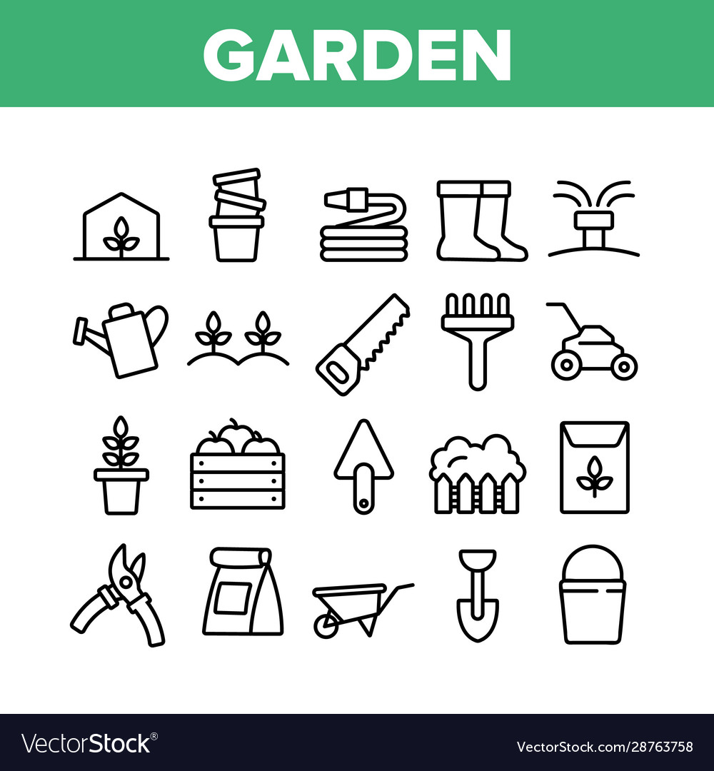 Garden farming tool collection icons set