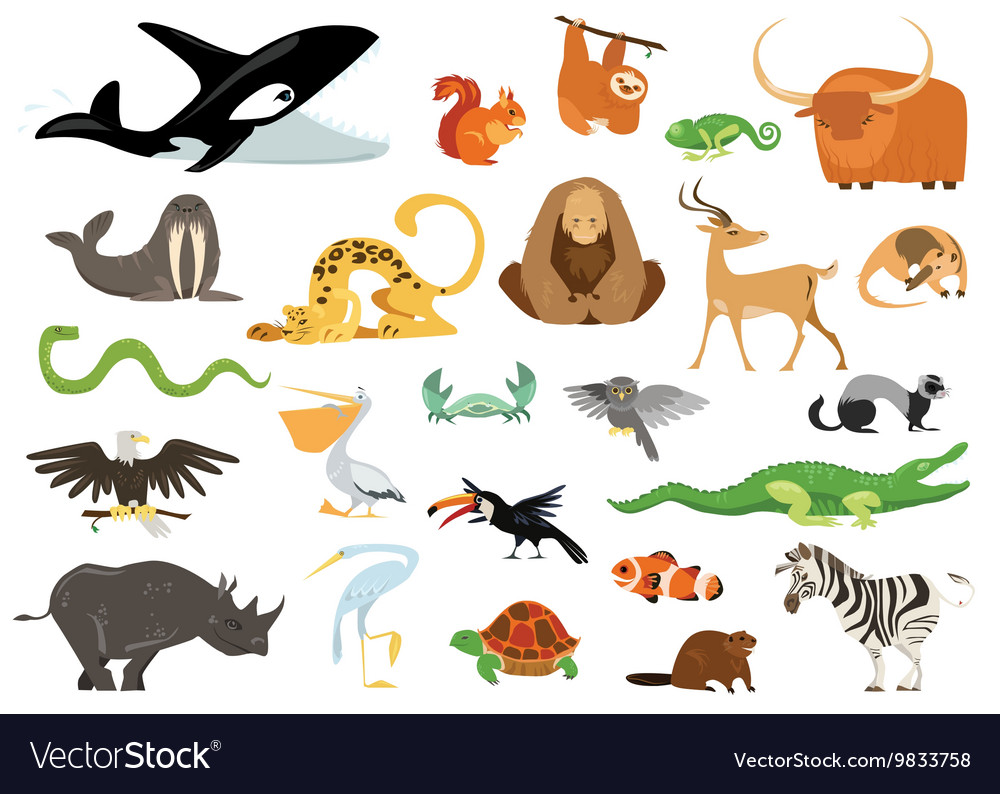 Set of cute cartoon animals snakes birds fishes Vector Image Set of cute cartoon animals snakes birds fishes Vector Image