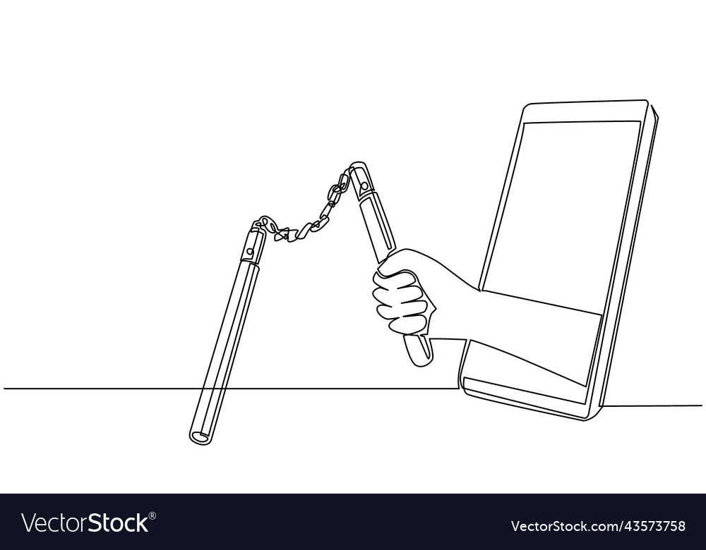 Single one line drawing hand holding nunchaku