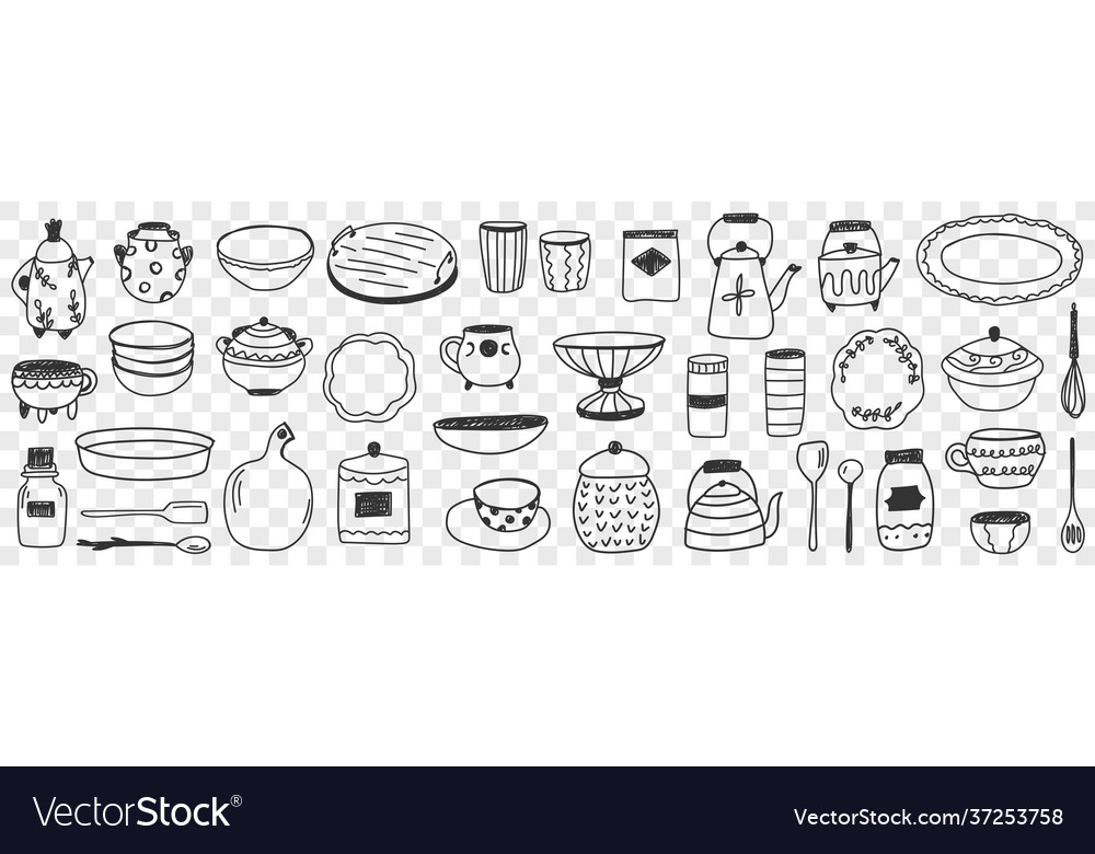 Tableware on kitchen doodle set