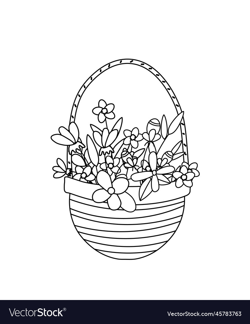 Basket of flower coloring page black and white Vector Image