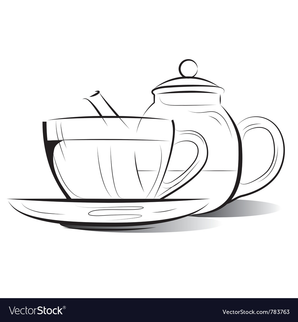 Drawing teapot and cup of tea Royalty Free Vector Image