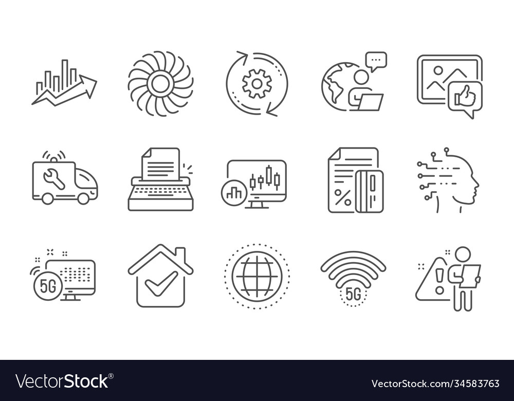 Fan engine 5g wifi and cogwheel icons set