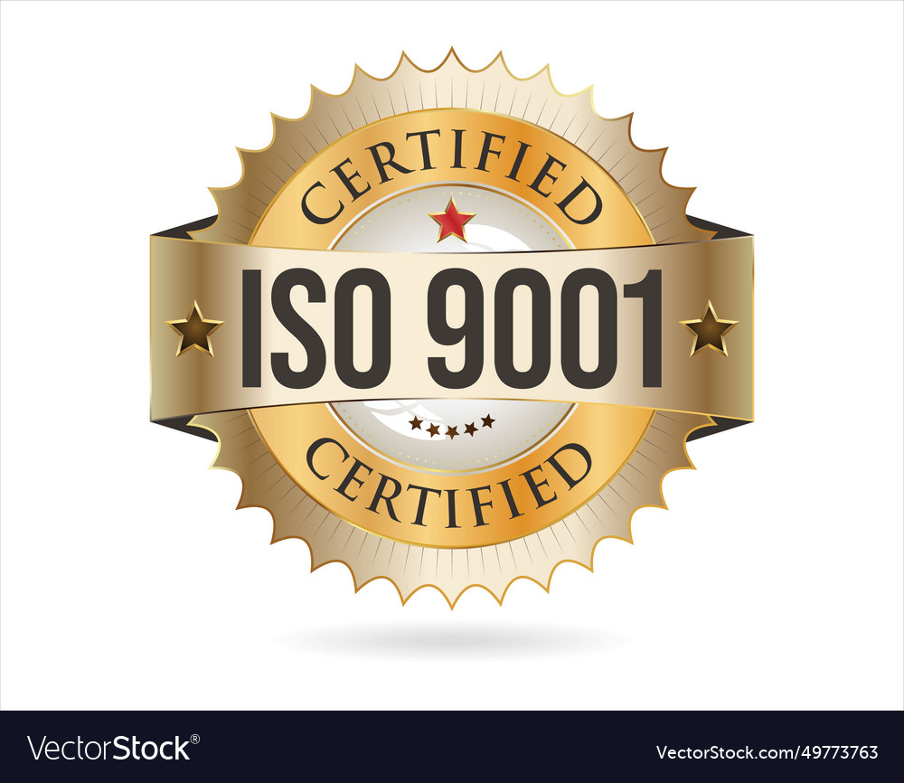 Iso 9001 certified golden badge on Royalty Free Vector Image