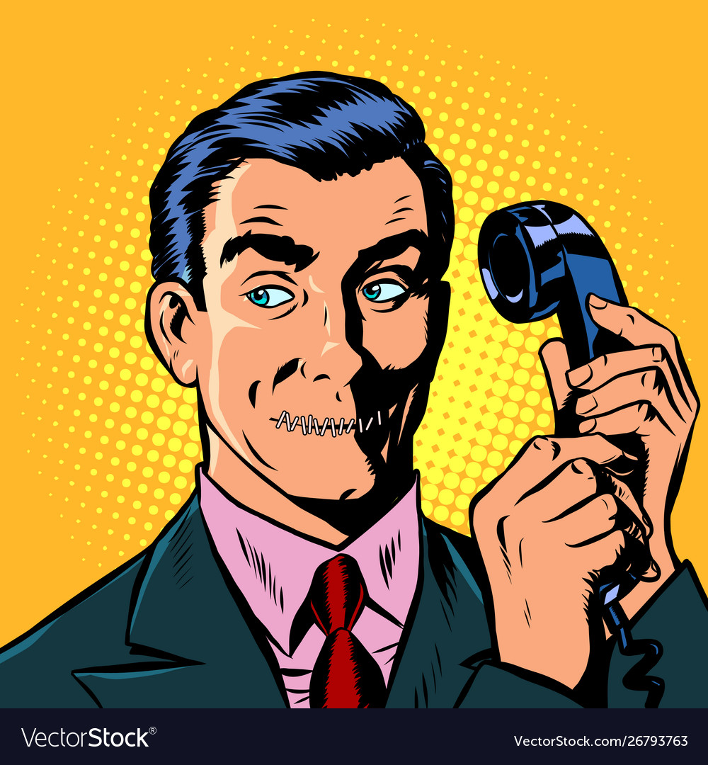 Mouth shut serious man talking on a retro phone Vector Image